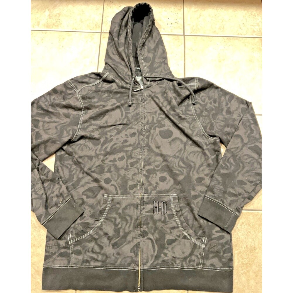Harley Davidson Hoodie Mens Large Black Grey 3-D Shadow Skull AOP Full Zip